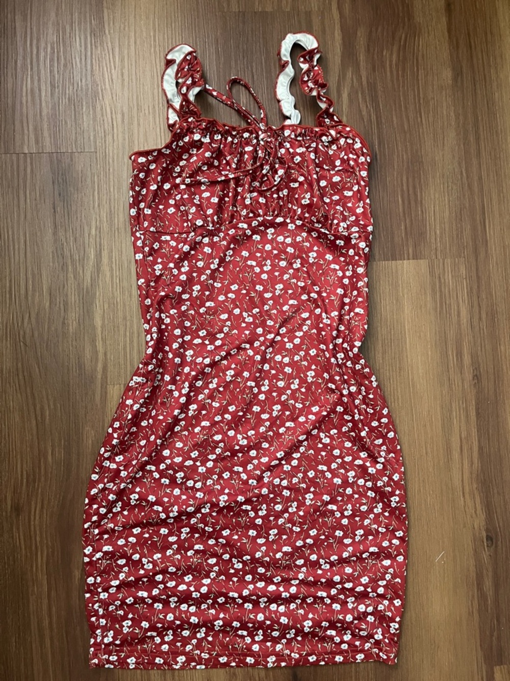 Red Floral Ruffle-Shoulder Women’s Dress